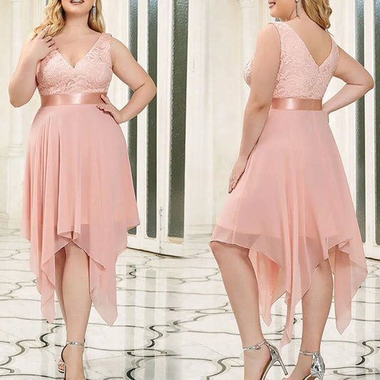 Elegant Plus Size Evening Dresses For Women Lace Patchwork Chiffon High Waist