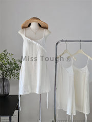 Summer Elegant One Piece Dress Women Chic French Lace Sling Shirt Stacked