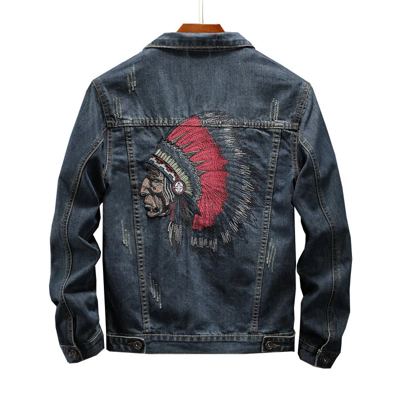 Fashion Streetwear Men Jacket Retro Blue Indian Chief Embroidery Denim Jackets