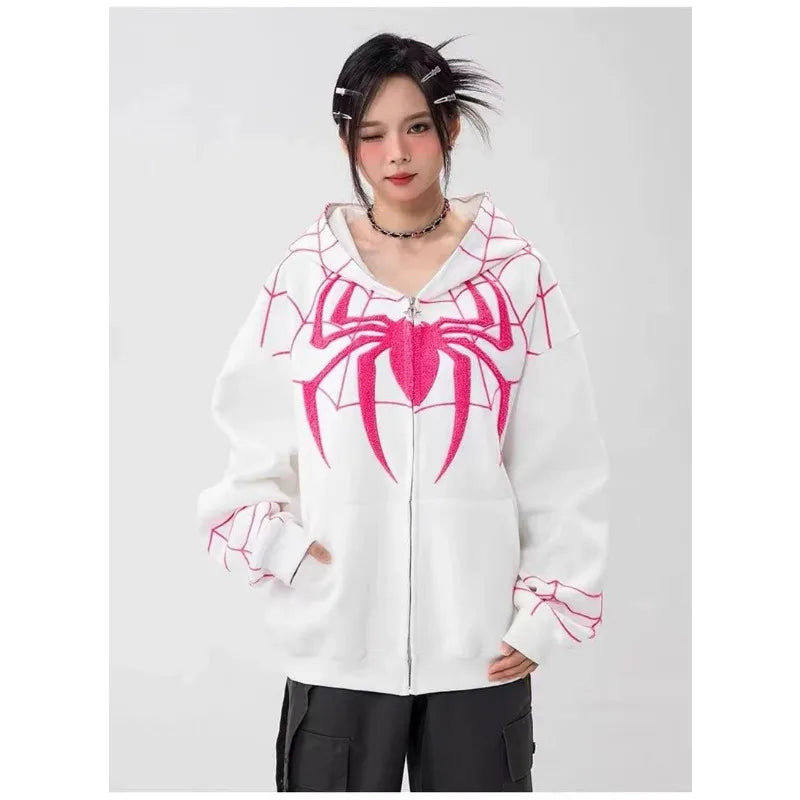 Gothic Y2k Anime Embroidery Zipper Spider Hoodies Men Sweatshirt Clothes Harajuku