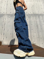 Y2k Clothes Jeans For Women High Waist Loose Patchwork Pockets Solid Denim