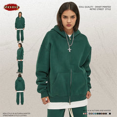 Men Double Headed Zipper Fleece Hoodies Unisex Loose Basic Solid Warm Hooded