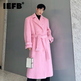 Korean Men Woolen Coat Casual Lapel Double Breasted Long Trench Solid Color Male