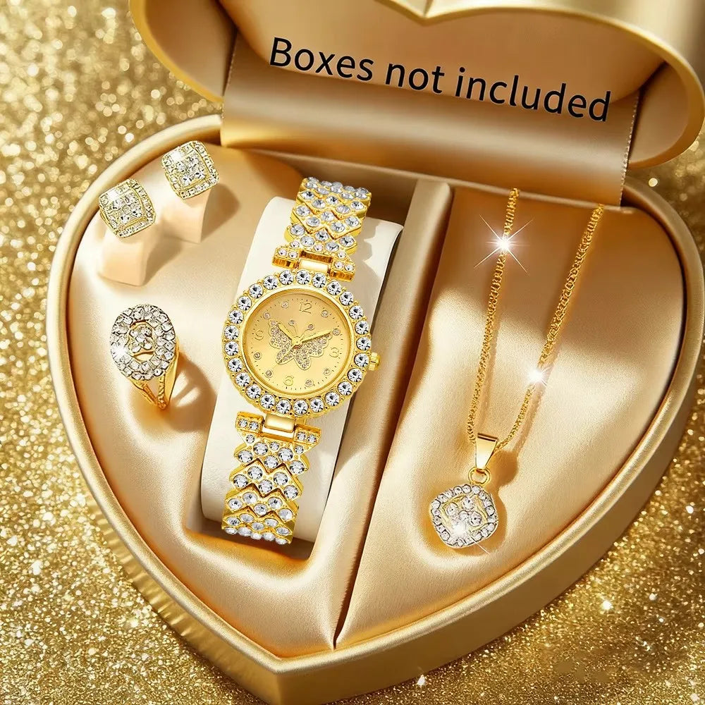 5pcs Luxury Rhinestone Women's Quartz Watch Elegant Ladies Bracelet Wristwatch Jewelry Set(Without Box)