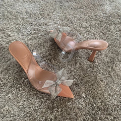 Women Summer Bow Rhinestone Slingback Pumps Fashion Lady Transparent High Heels