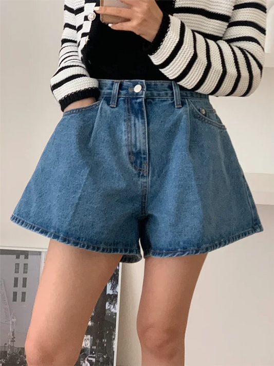 REALEFT 2024 New High Waist Washed Women's Denim Wide Leg Shorts Summer Buttons Casual Female Blue Jeans Trouses Pockets