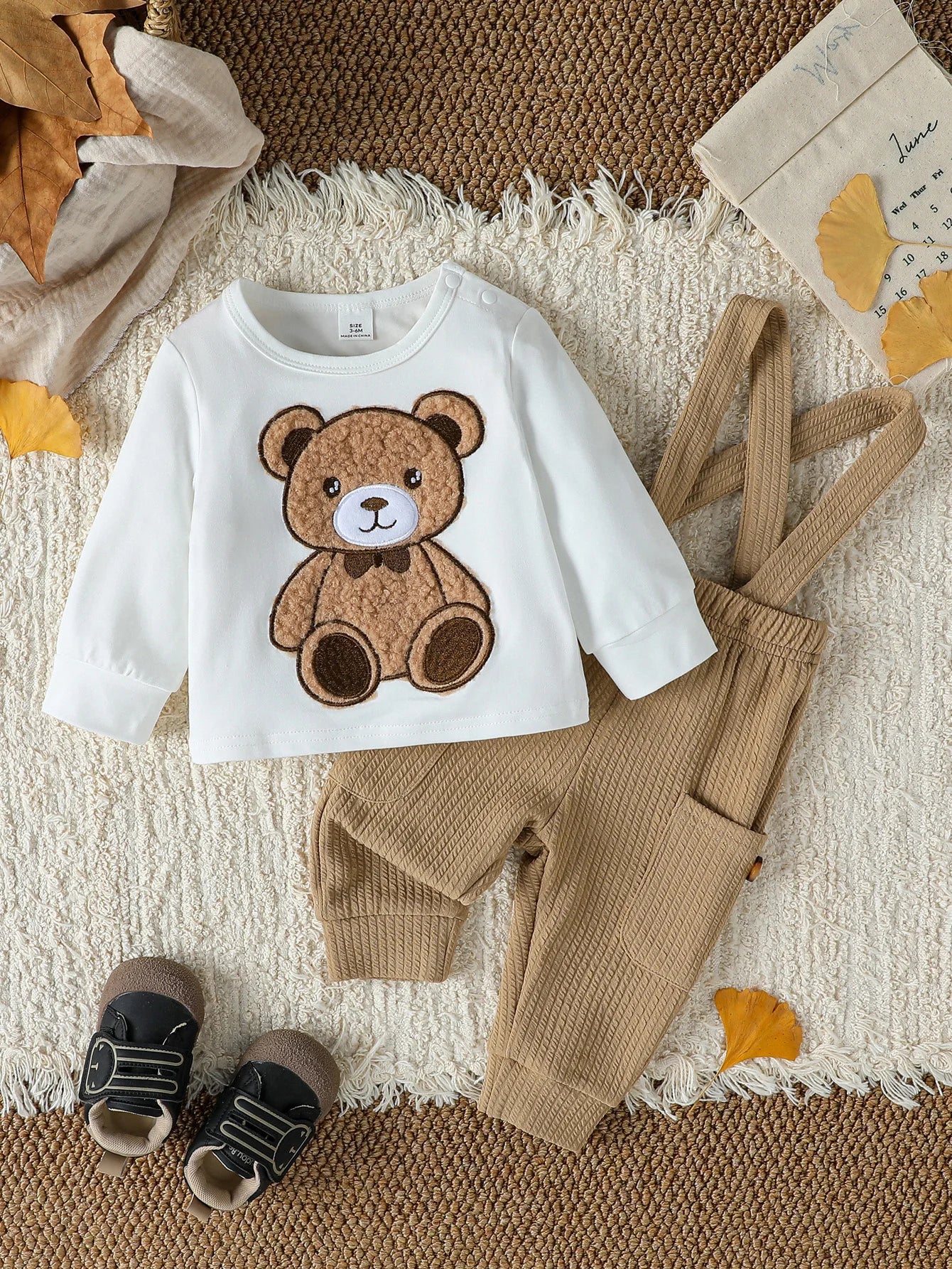 Baby Boys 2Pcs Autumn Long Sleeve Cartoon Bear Top+ Solid overalls Baby Jumpsuit For 1-3Y Sets Casual Clothes