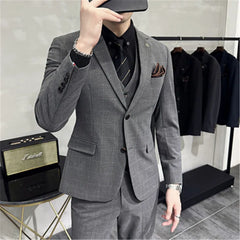 3 Pieces Men's Suit Set for Wedding Blazer Pants Sets Classic Plaid Suit Slim Fit
