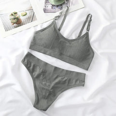 Women Seamless Bra Set Lingerie High Waist Cotton Thong Panties Wire Free