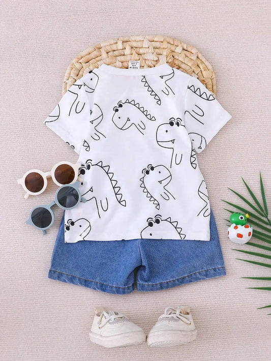 Summer 2-Piece Set New Casual Outdoor Comfort Breathable Cute Dinosaur Print Round Neck Short-Sleeved Denim Shorts Fashion Suit
