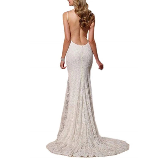 White Bridesmaid Dresses: Thin Strap Wedding Dress Backless Bridal Dress Lace