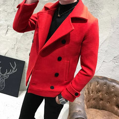 Fashion Men Double-Breasted Windbreaker Solid Color Slim Short Woolen Coat