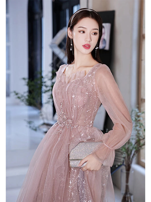Homecoming Dresses: Pink Prom Gowns Long Sleeves For Party