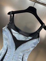 Women's Denim Dress Slim Stretch Patchwork Design Contrast