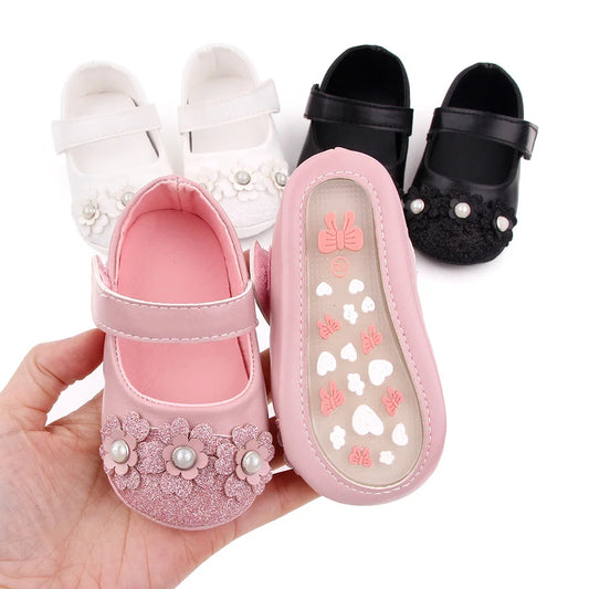 Baby Girl Shoes Princess Glitter Flower Soft PU Mary Jane Shoes Anti-slip Sole