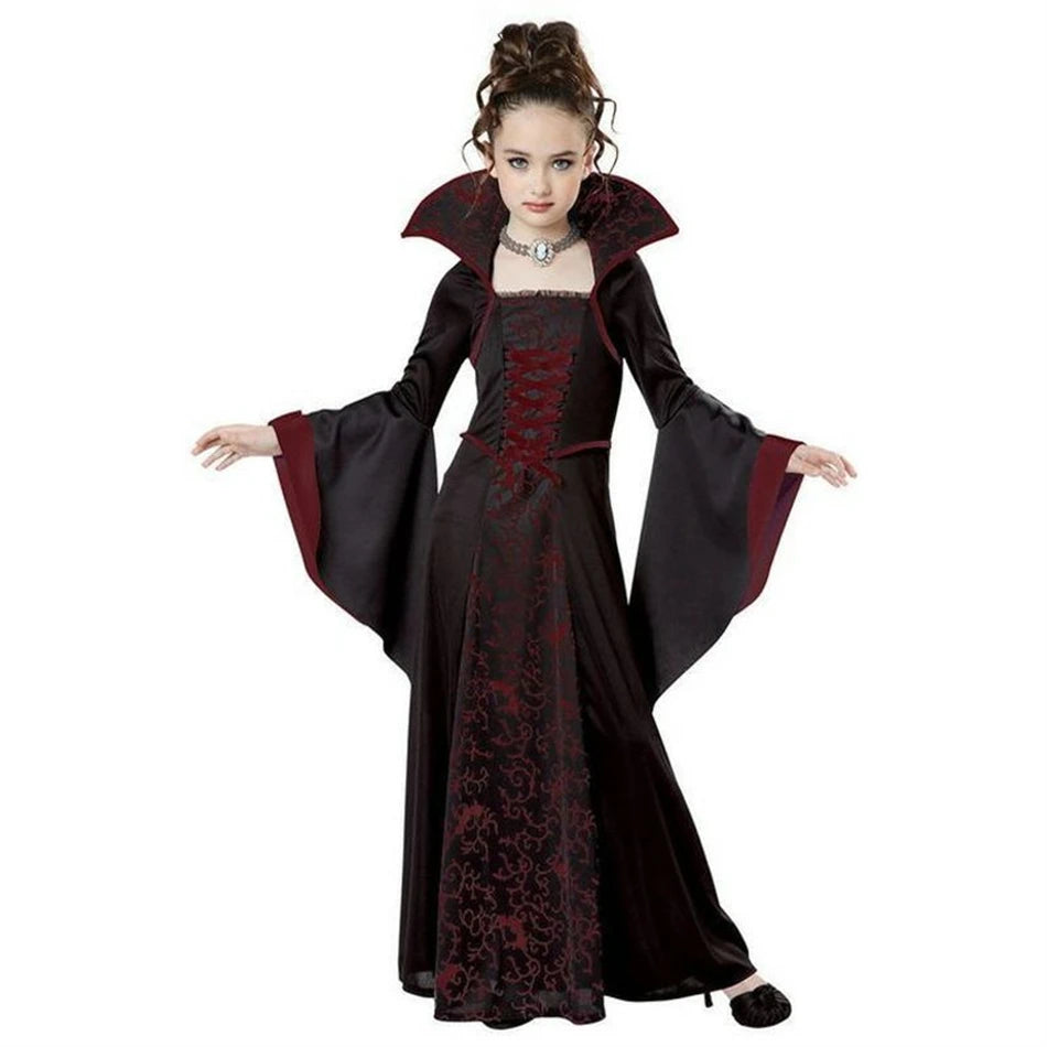 Halloween Witch Costume For Girl Childrens Long Flared Sleeve Lace Dress Maleficent Cosplay Clothes Scary Disguise Clothing