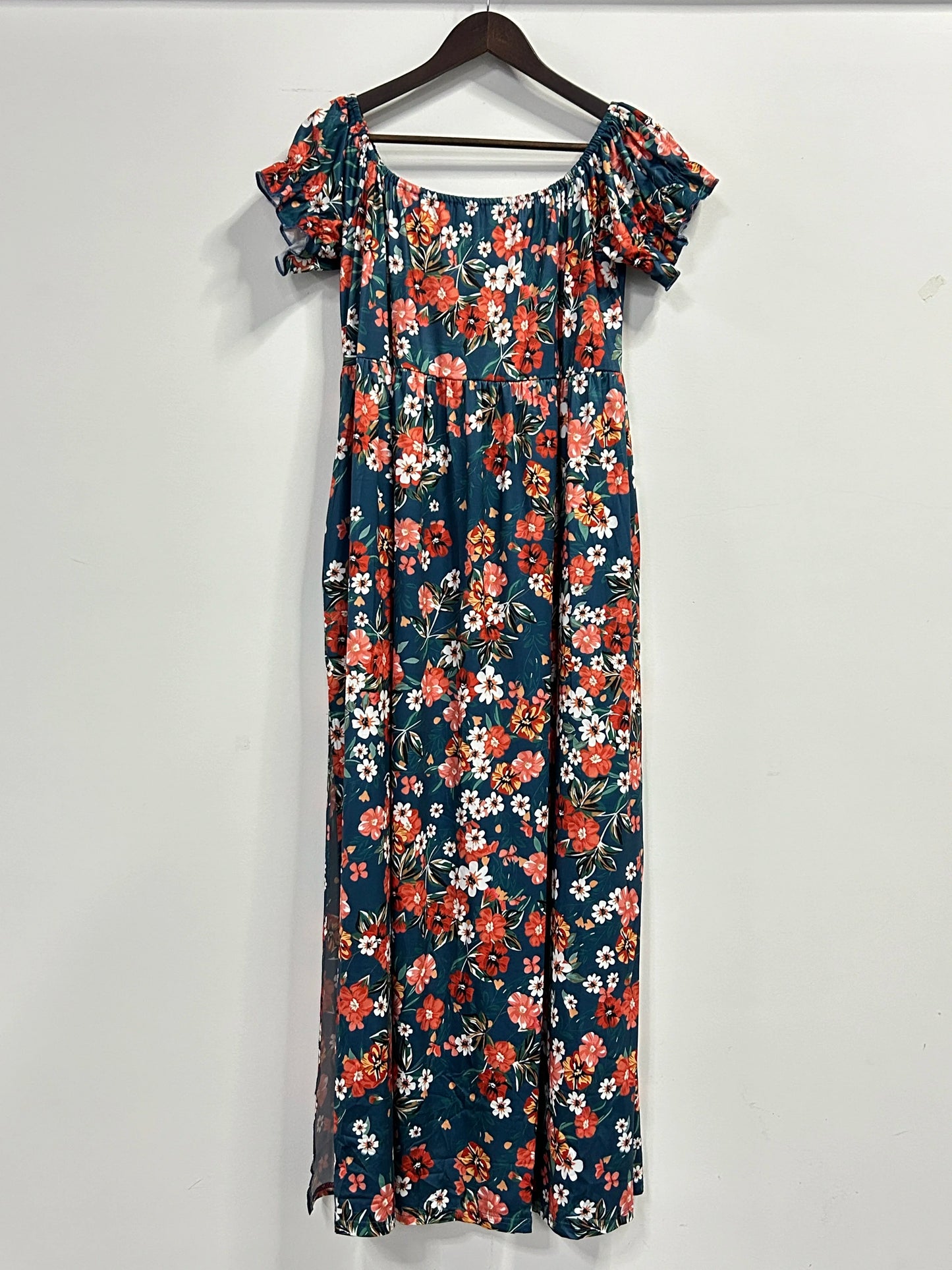 Plus Size Women's Off Shoulder Boat Neck Puff Sleeve Dress with Slits