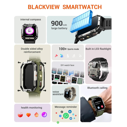 Blackview W70 Pro Sports Fitness Smart Watch 2.01 Screen Bluetooth Talking Watch LED Flashlight Outdoor Smart Watch With Compass