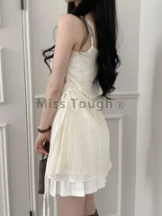 Summer Elegant One Piece Dress Women Chic French Lace Sling Shirt Stacked