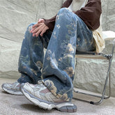 Mens Fashion Printed Jeans Spring Floral Denim Mopping Trousers