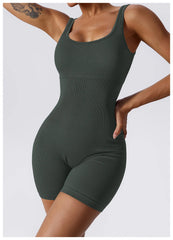 Women's Yoga Rompers One Piece Tummy Control Seamless Ribbed Jumpsuit Padded
