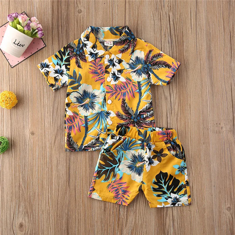 1-5years Baby Boys Summer Clothes Set Short Sleeve Turn-Down Collar Shirt Elastic Waistband Shorts Kids Boys 2pcs Outfits