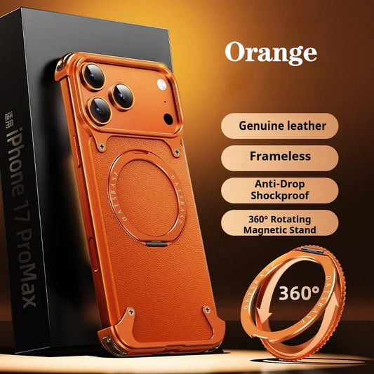iPhone 17 Pro Max Air Phone Case Genuine Leather Magsafe Frameless Shell With 360°Rotate Magnetic Stand Anti-Drop Cover