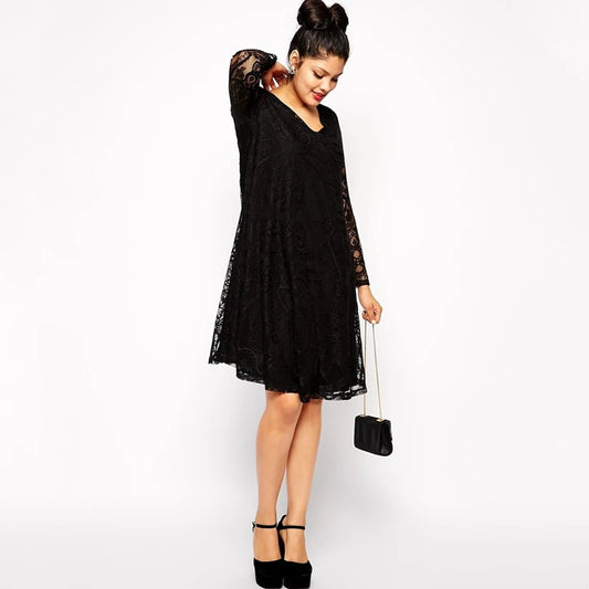 Plus Size Maxi Spring Autumn Lace Party Dress V-neck Long Sleeve Evening Night