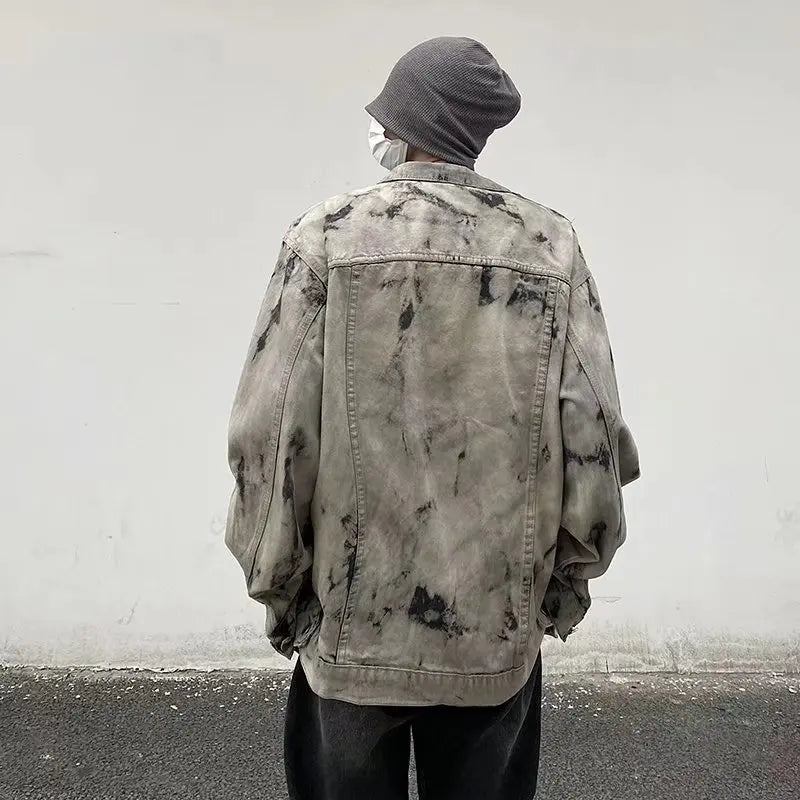 Men Gray Tie-dye Denim Jackets Coats Loose Vintage Jeans Jackets