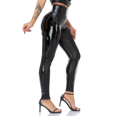 Fashion Pu Leggings Women Black Sexy Bright Leather Matte Splicing Trousers Female
