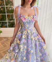 Homecoming Dresses: Prom Dresses With Spaghetti Straps Pastoral 3D Flowers