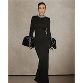 Evening Dresses: Shining Diamonds Neck Flare Sleeve Black Long Bandage Dress