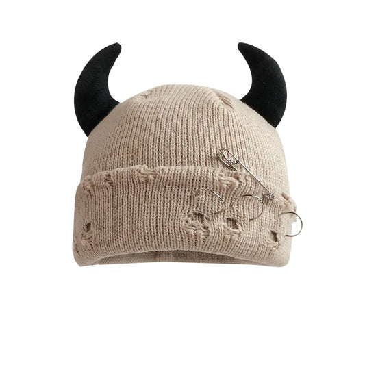 Unisex Knitted Beanie With Devil Horns Halloween Distressed Skull Cap Hip Hop Winter Warm Yarn Hat For Men Women