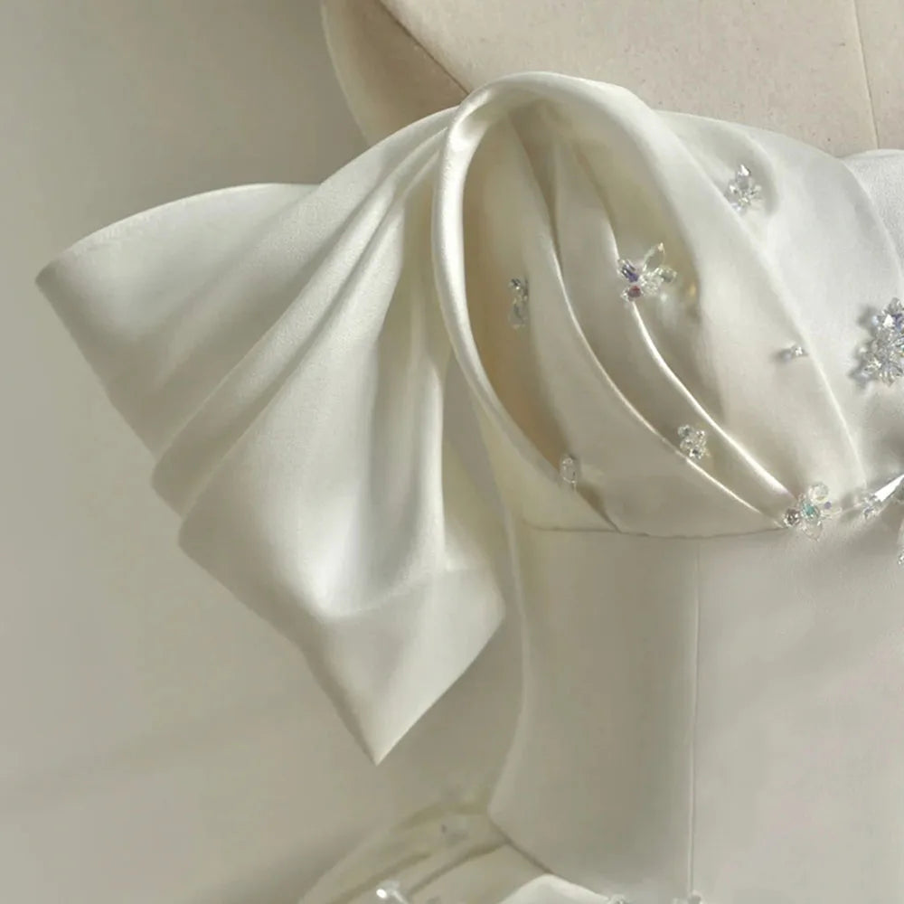 White Bridesmaid Dresses: Short Sleeve Pleat Sparkly Crystal Satin Ball Gown