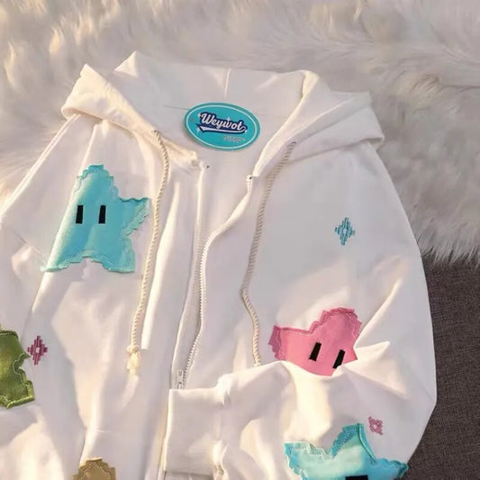 Zip Up Hoodies Women Casual Vintage Star Patchwork Embroidery Long Sleeve Coats