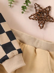 2-piece set of fashionable and casual round neck patchwork plaid long sleeved hoodie and pants for baby boys, autumn and winter