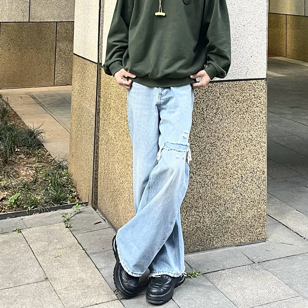 Streetwear Wide Leg Baggy Hole Cut Washed Jeans Unisex Straight Y2K Ripped Flare