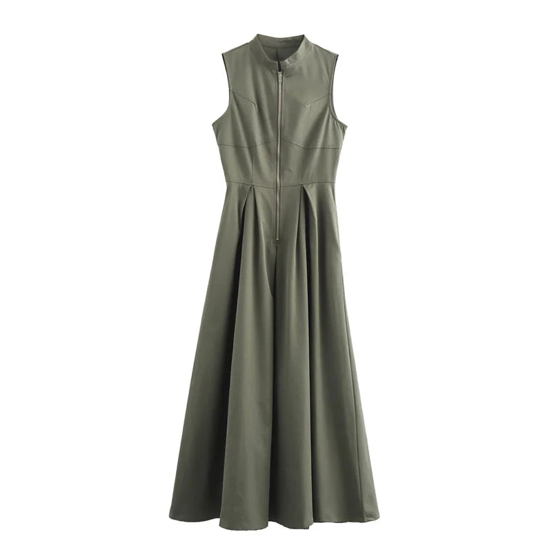 MUJER Zipper Long Dress Woman Pleated Sleeveless Bodycon Dress Summer Elegant Party Dresses For Women 2025 New Midi Dresses