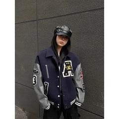 Letter Embroidery Bomber Jacket Men Women Autumn Winter Leather Sleeves