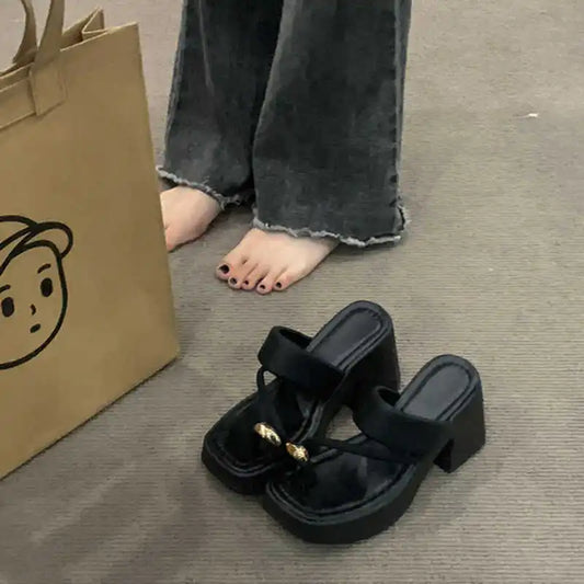 Woman Slippers Fashion Clip Toe Platform Thick High Heel Slides Ladies Casual