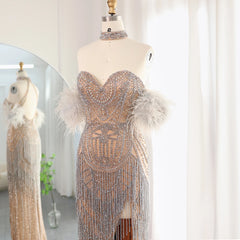 Homecoming Dresses: Tassel Feather Silver Nude Mermaid Evening Dress