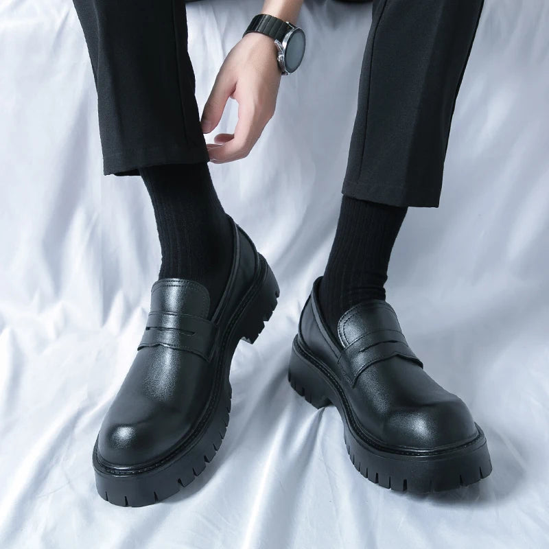 Men Black Fashion Loafers Original Patent Leather Round Thick Bottom