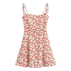 Vintage Cherry Print Sling Dress Women Spaghetti Strap