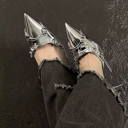 Y2K Silver High Heels Sandals Women Punk Goth Pointed Toe Party Shoes
