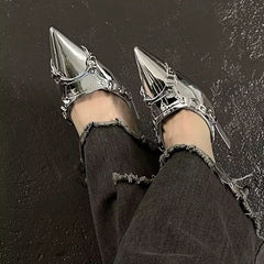 Y2K Silver High Heels Sandals Women Punk Goth Pointed Toe Party Shoes