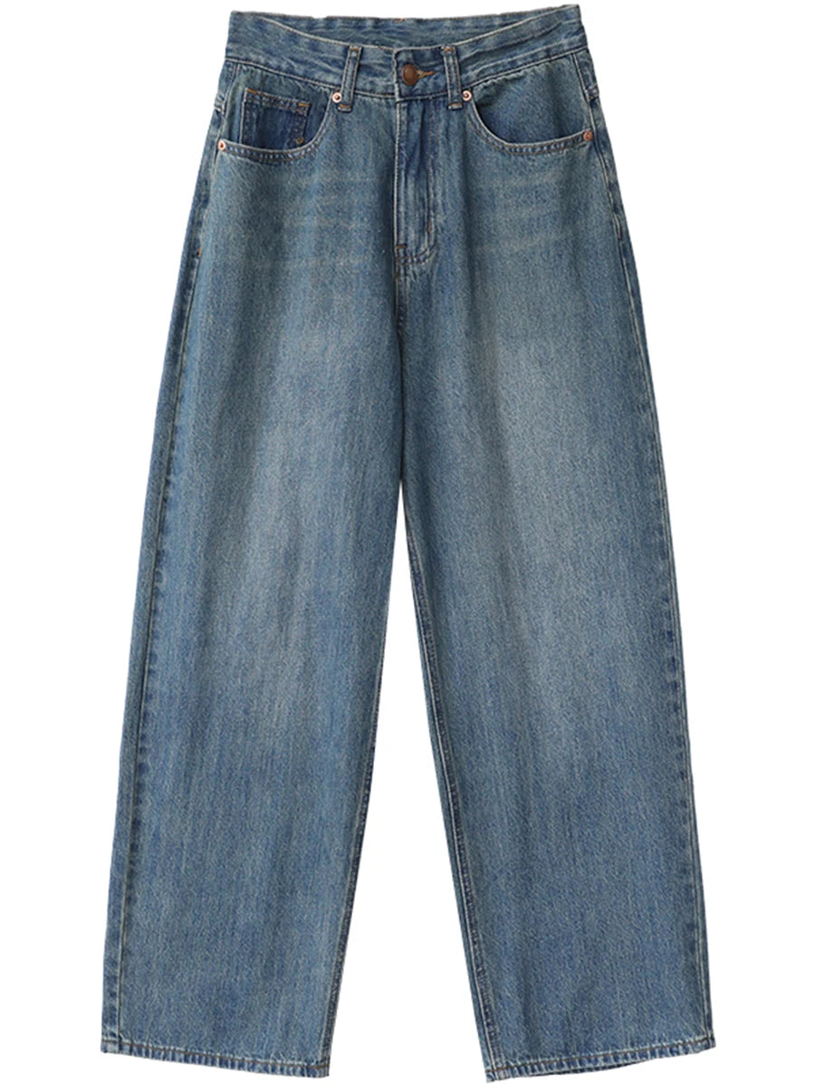 Women's Denim Pants Blue Wide Leg Jeans Cotton High Waist Casual Loose Trousers