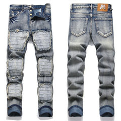 Men's Perforated Jeans 3D Inner Embroidery Zipper Bleached Slim Fit Pantyhose