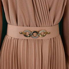 Elegant Dresses Woman Luxury V Neck Full Sleeve Pleated Mid Calf Belt Waisted