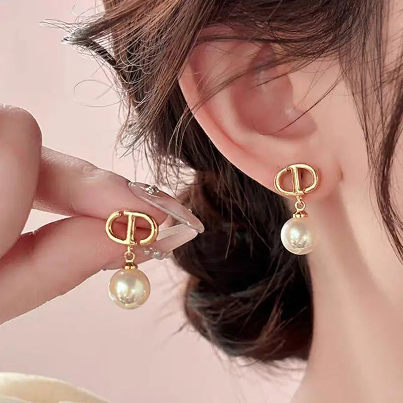 Chic Gold-Tone Double-Loop Pearl Drop Earrings for Women - Elegant Dangle Jewelry for Wedding, Office & Daily Wear | Hypoallerge