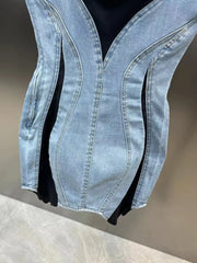Fashion Women's Patchwork Elastic Denim Sling Dress Spring Trendy Sleeveless